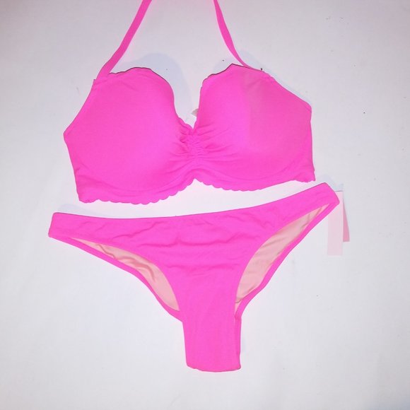 Victoria Secret Swim Bikini 36D Top Medium Bottom Solid Neon Pink Ruffle Trim - Picture 3 of 12